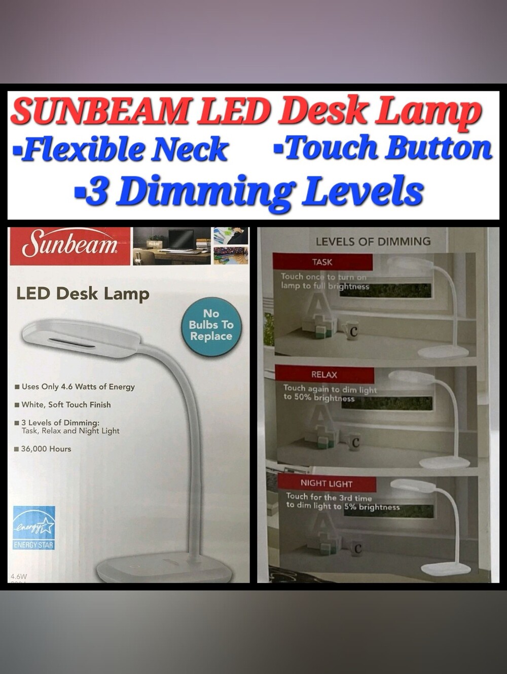 *NIB*SUNBEAM LED Desk Lamp-Flexible Neck, Soft Touch, 3 Dimming Levels WHITE